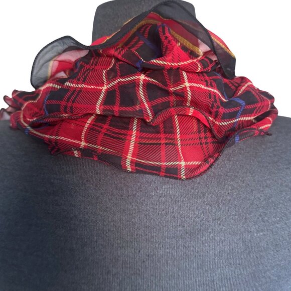 Lauren Ralph Lauren Silk Ruffle Scarf Classic Red Black Plaid - Picture 4 of 8
